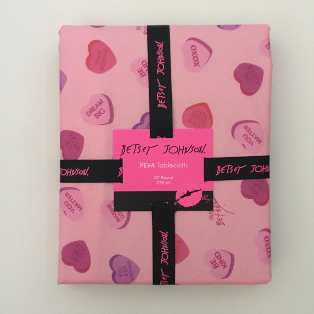 NEW 70” Round Peva Tablecloth Pink Valentine Candy Hearts Theme |